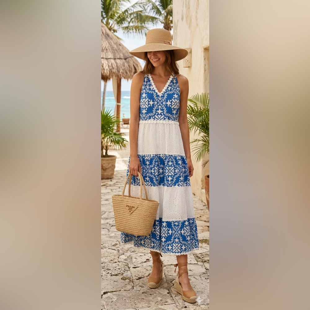 Sold locally 
Entro eyelet Blue and White Patterned Dress